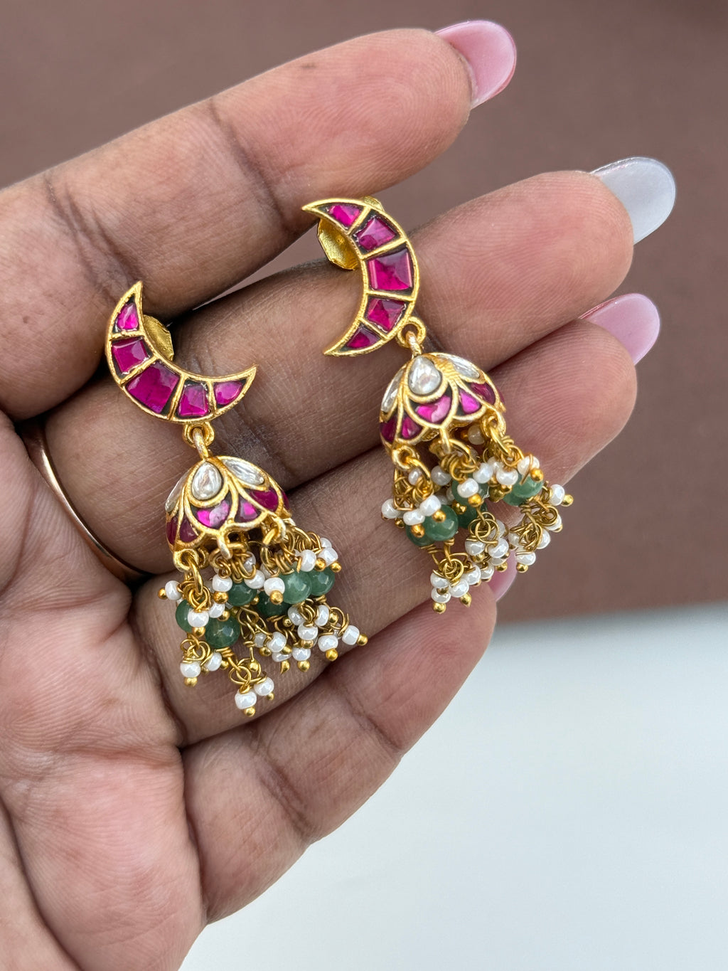 Er164 jadau kundan halfmoon small butta earrings