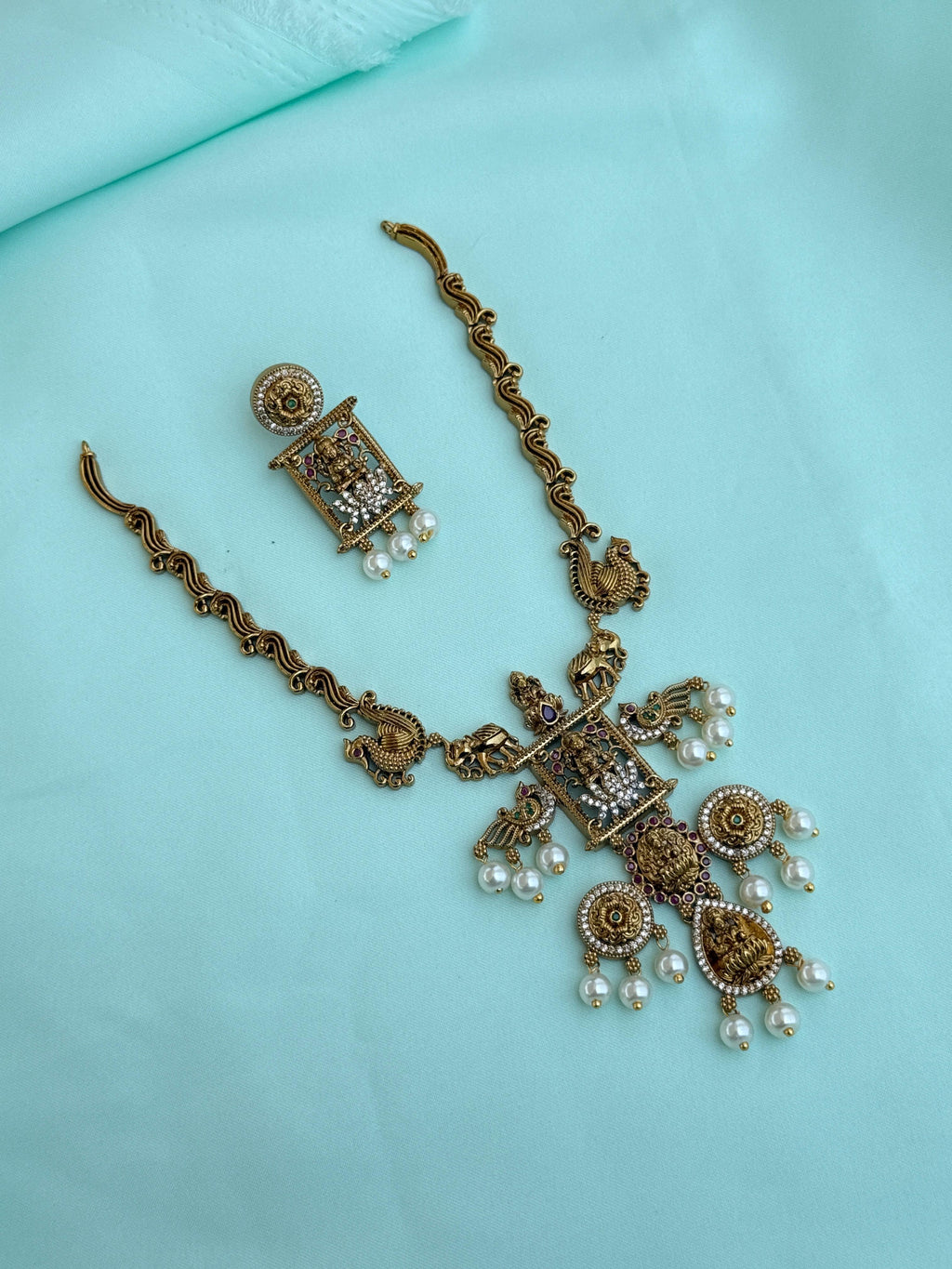 Ns820 Laxmidevi peacock elephant Multi short neckset with earrings
