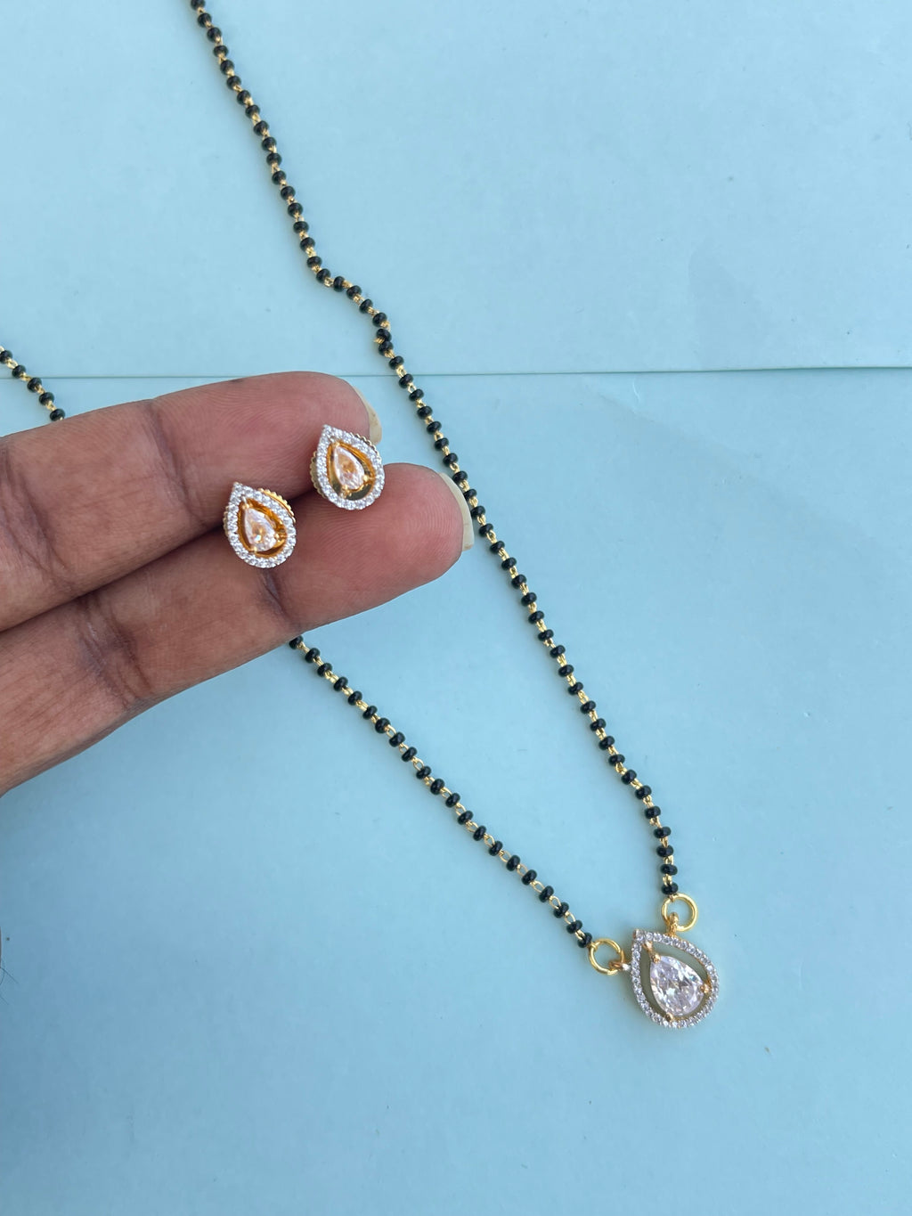 Single line Blackbeads with Diamond pendant and earrings(mangalsutra)