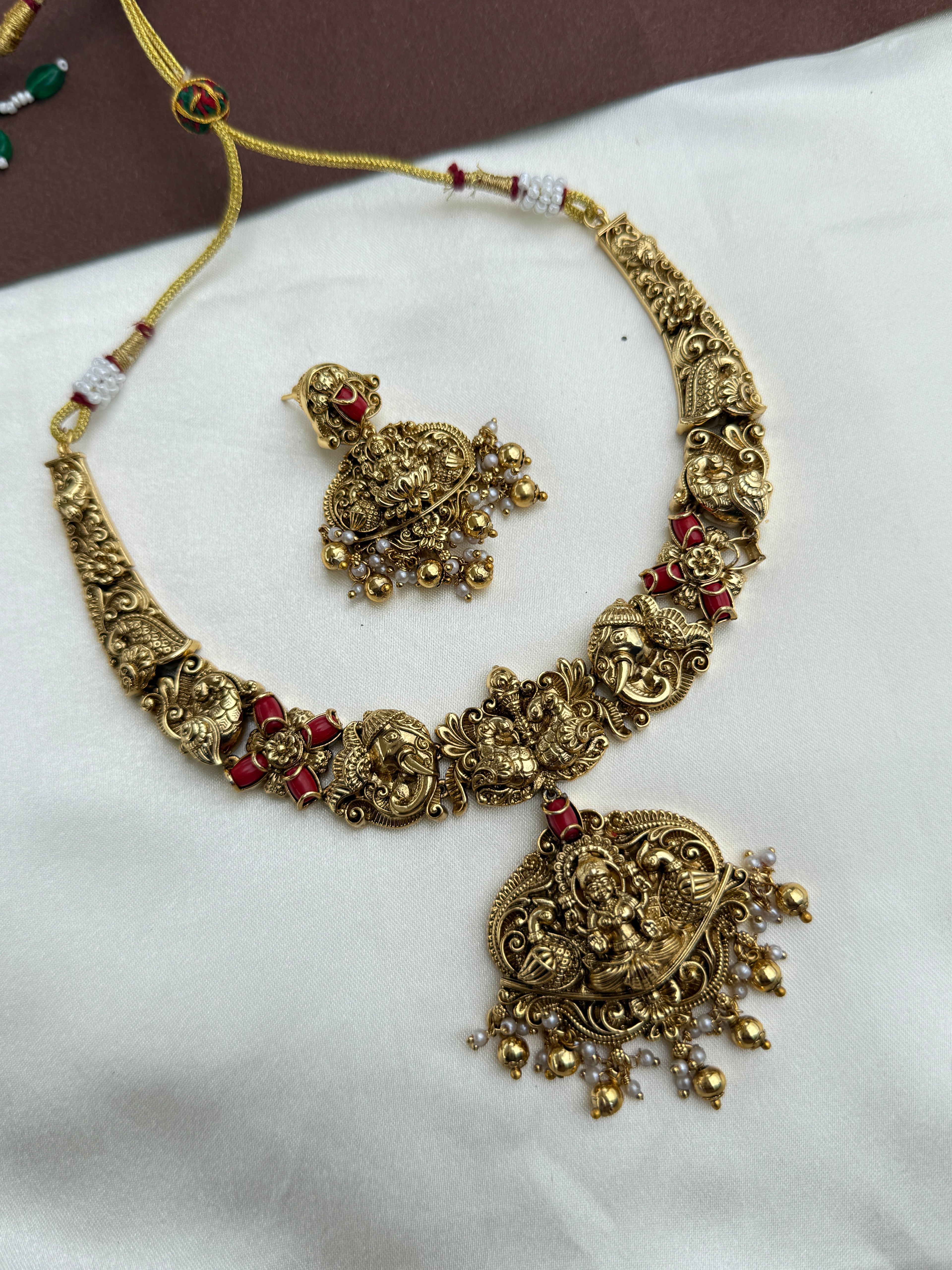 NS356 lakshmi devi corals nakshi neckset with earrings