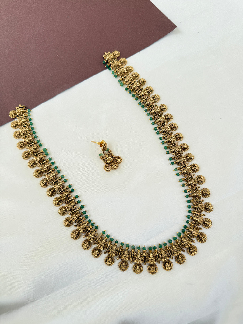 LH2033 Nakshi Long haram in green stones with earrings