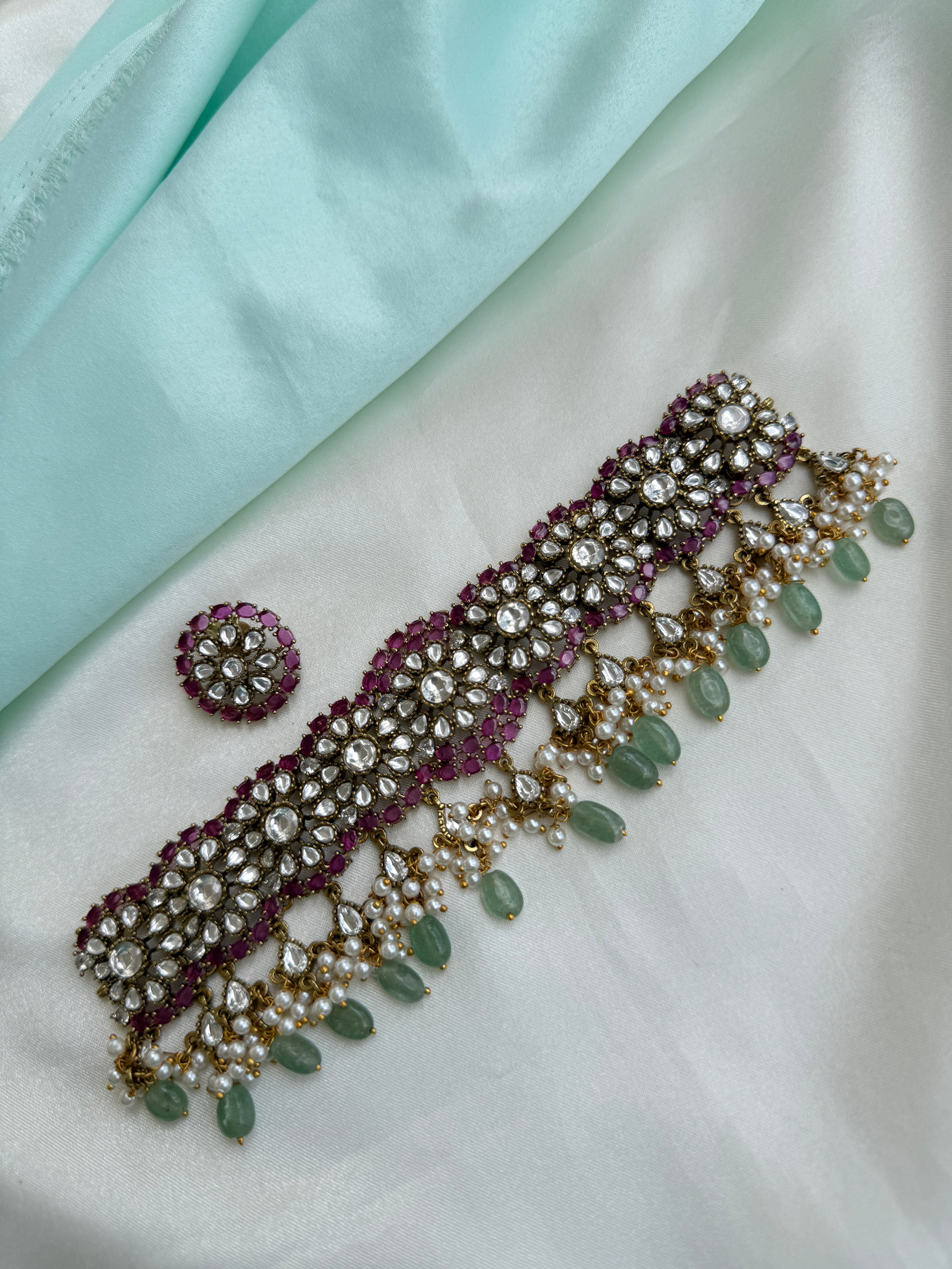 Kundan choker neckset with floral studs ns981