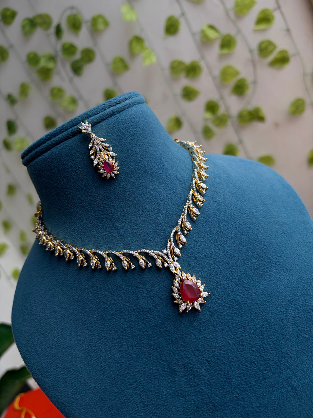 Diamond finish Pink and Green Necksets with Earrings Ns251