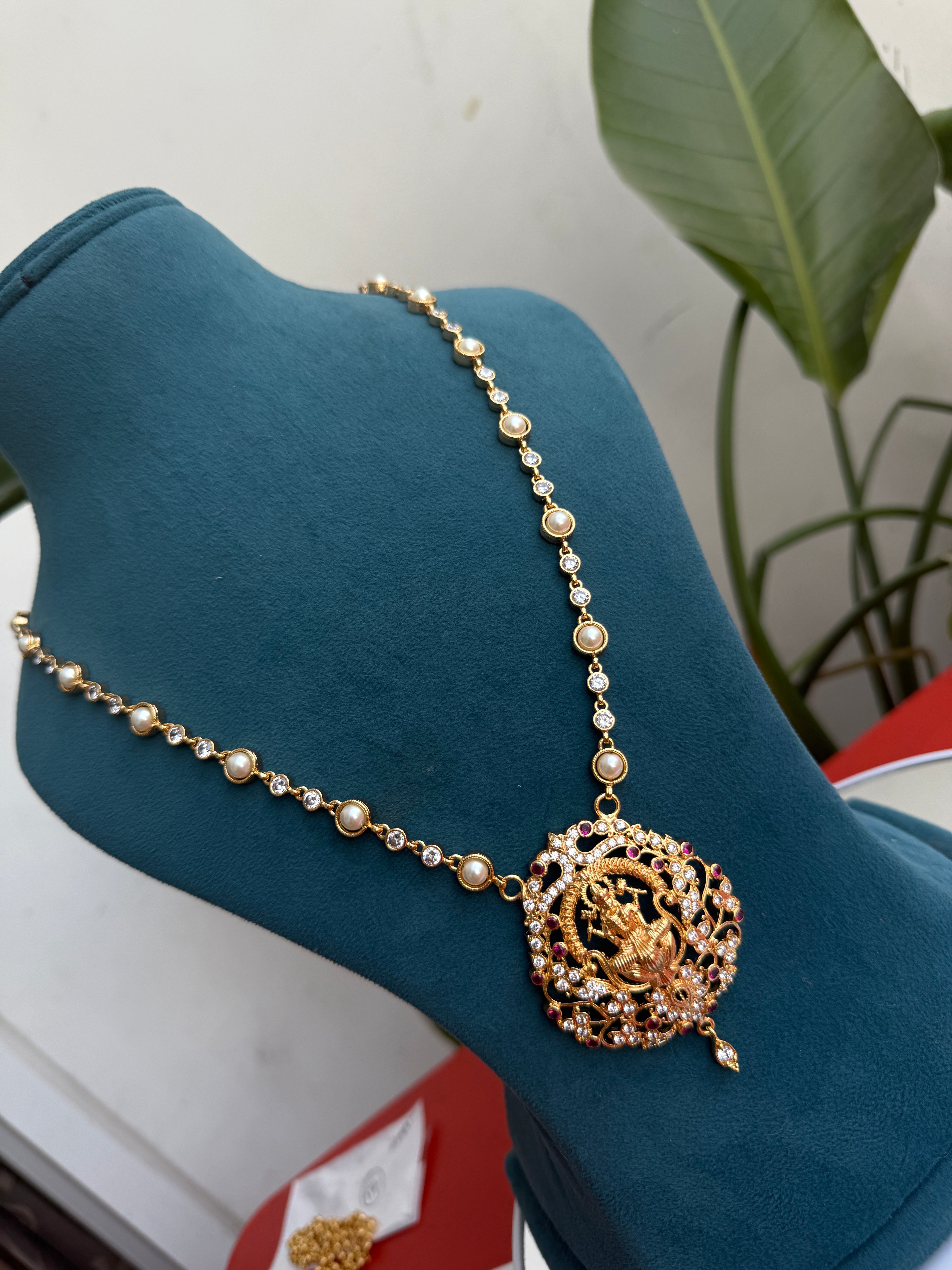 Ph131 panchaloham long pearl chain with Lakshmi Devi pendant
