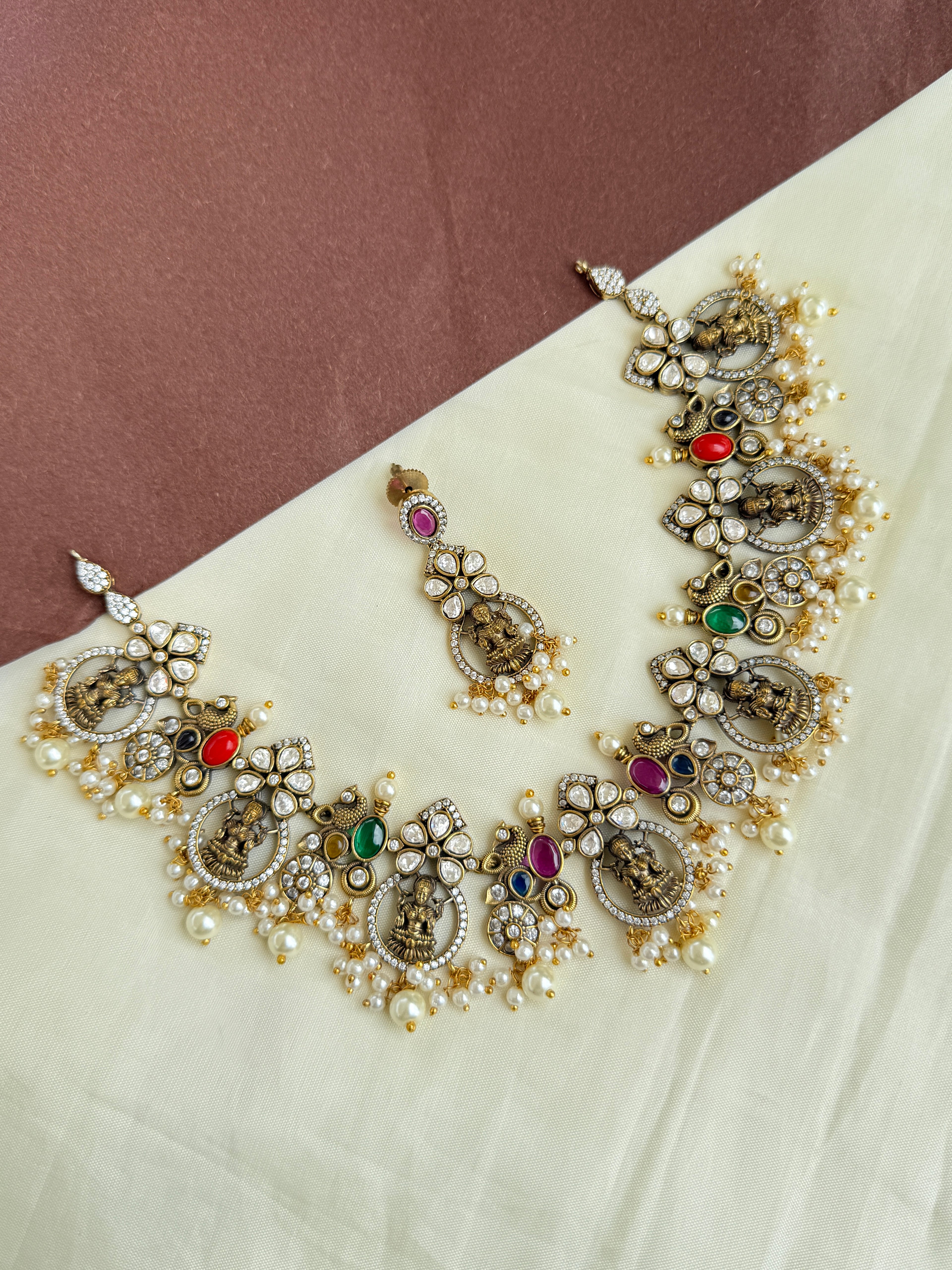 Ns281 multi moissanite Lakshmi Devi neckset with earrings