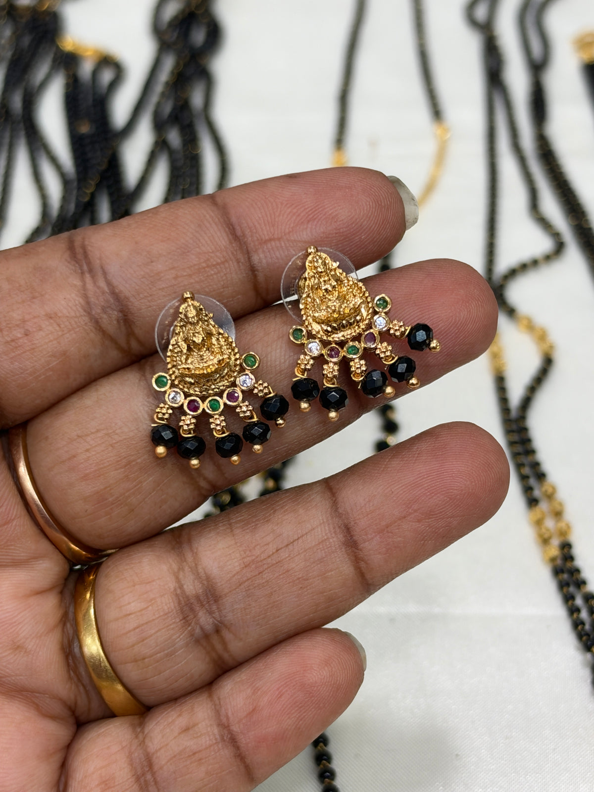Er913 lakshmidevi multi stones with black beads back push earrings