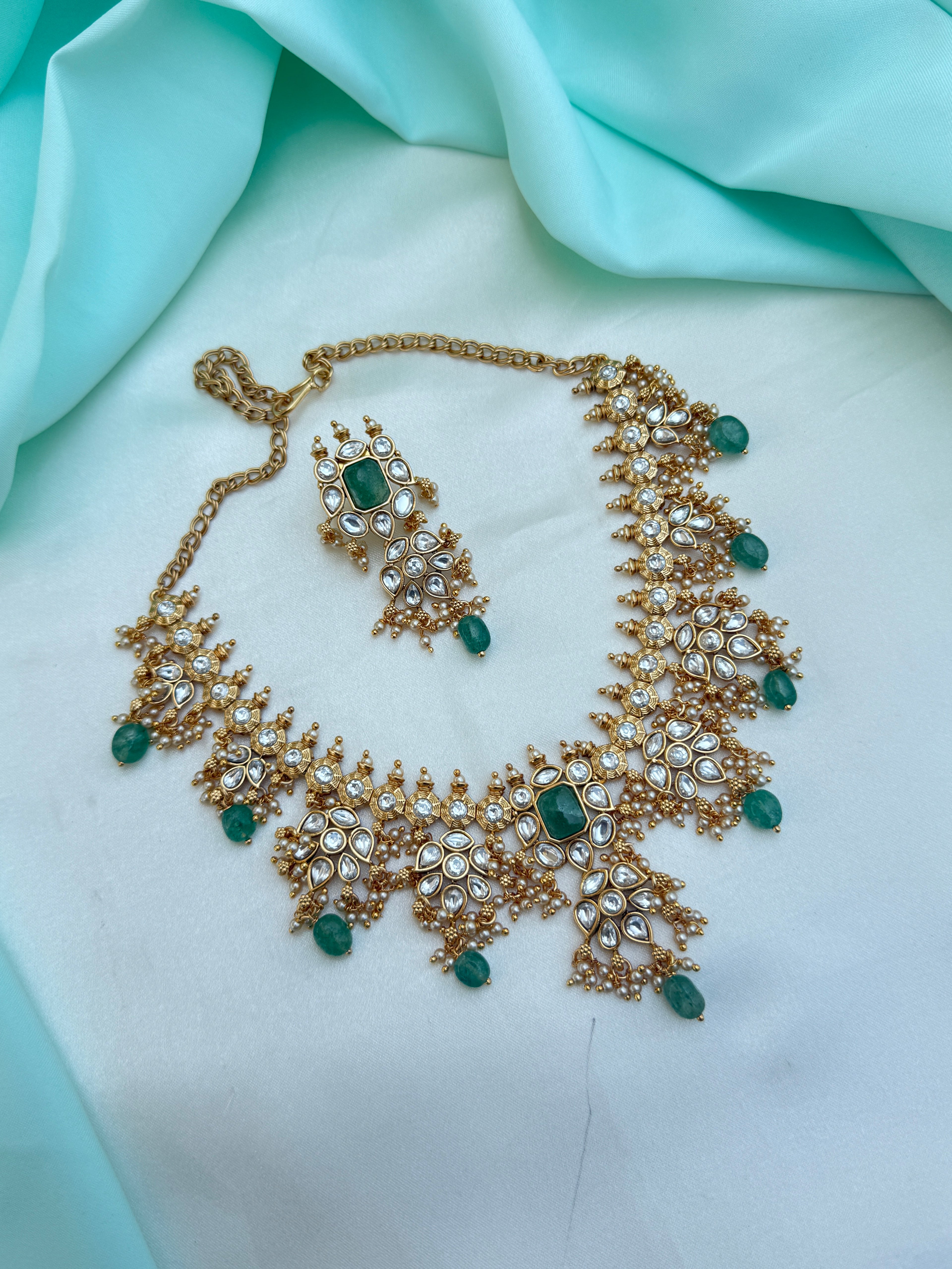 Ns774 polki kundan neckset with green beads