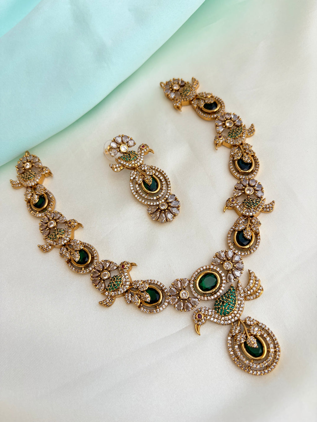 Premium AD Stone Bird Motif Neckset with Emerald Green Accents with Earrings Ns862