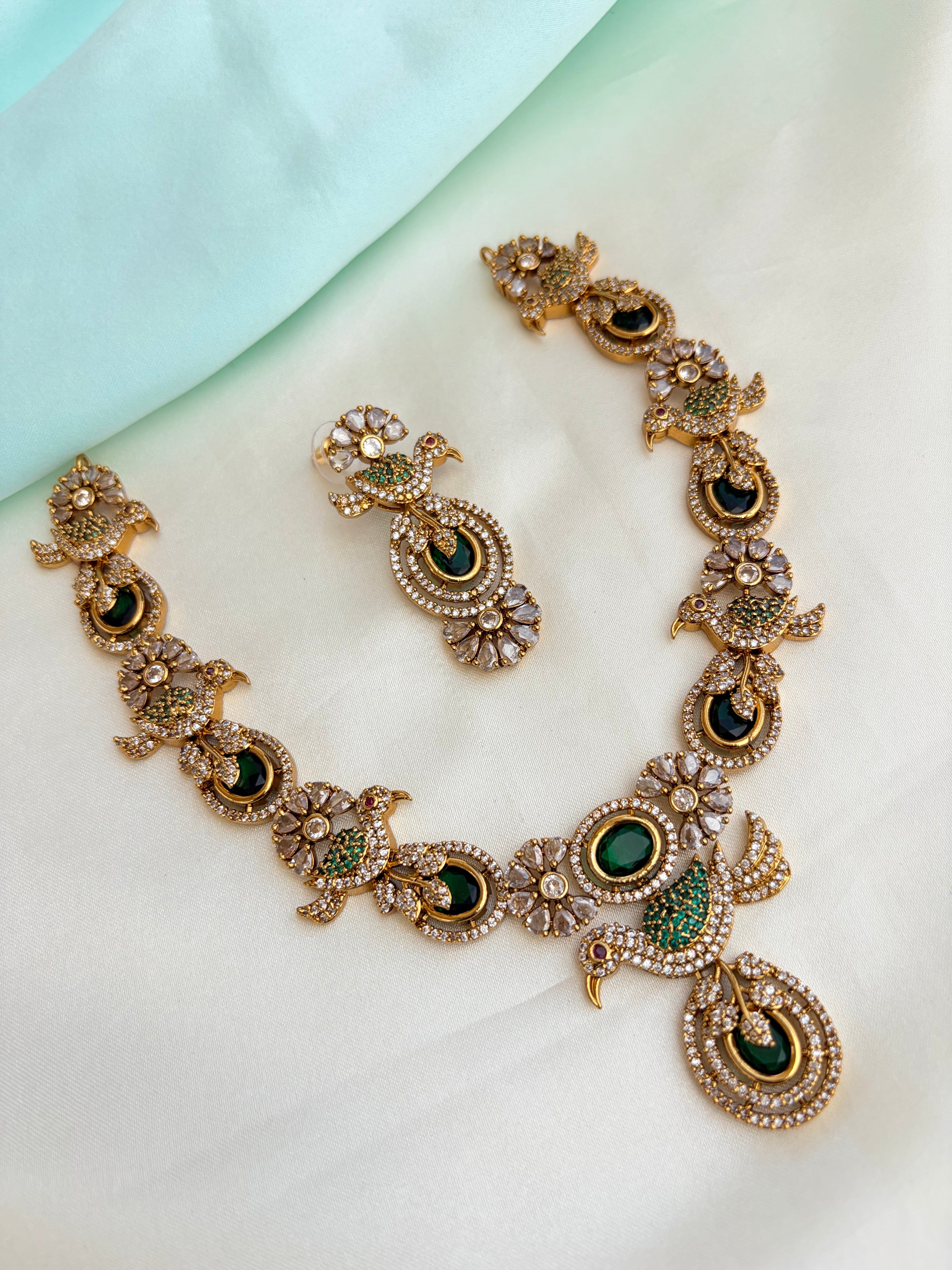 Premium AD Stone Bird Motif Neckset with Emerald Green Accents with Earrings Ns862