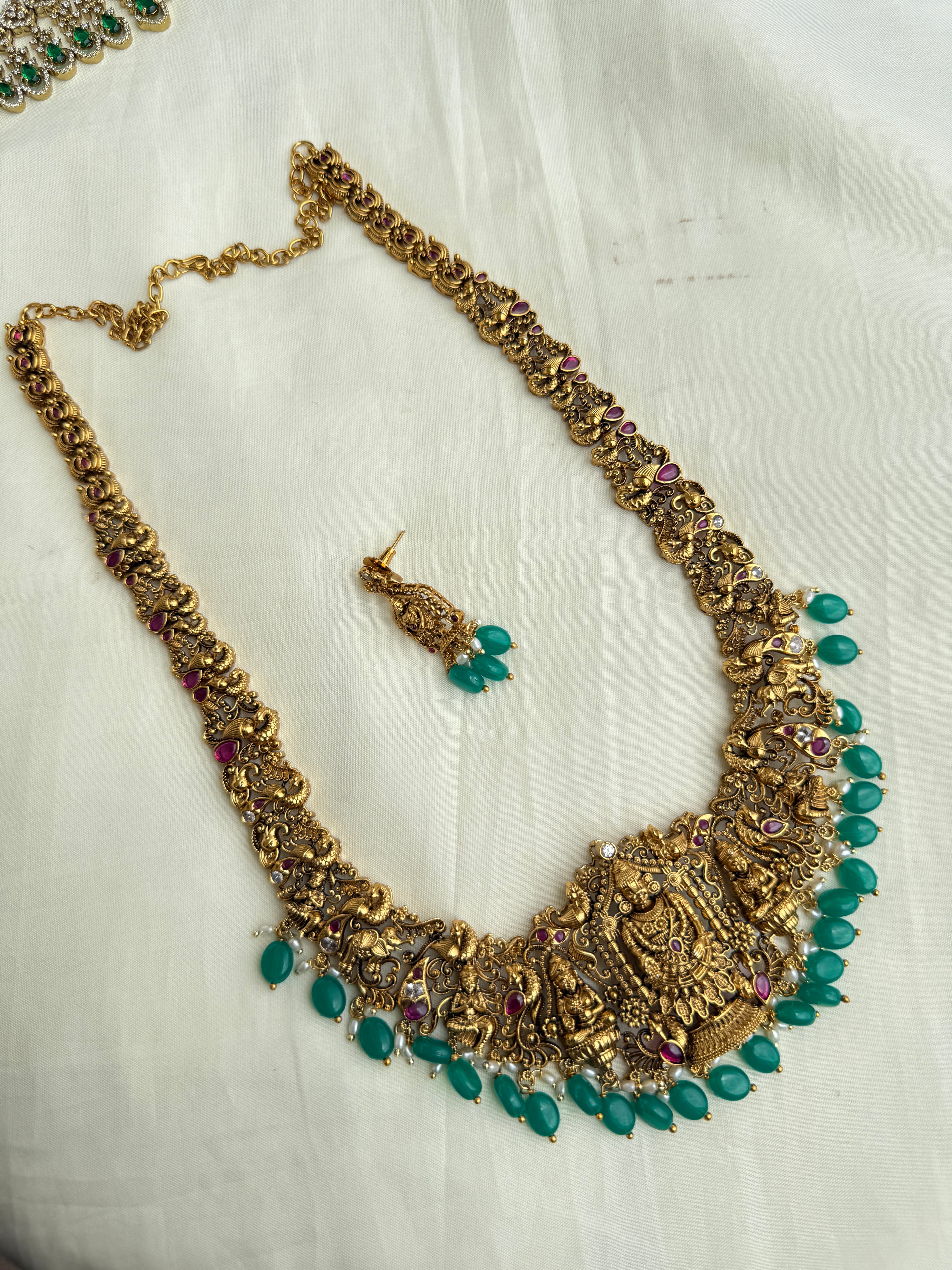 Lh2021 Lakshmi Devi green beads long haram