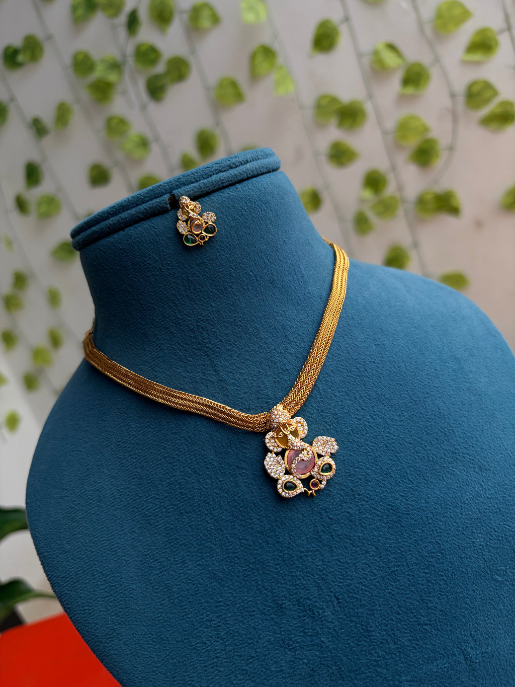 Ns269 Lord Ganesha Nano thread Short  Neckset with Multi color stones with Earrings