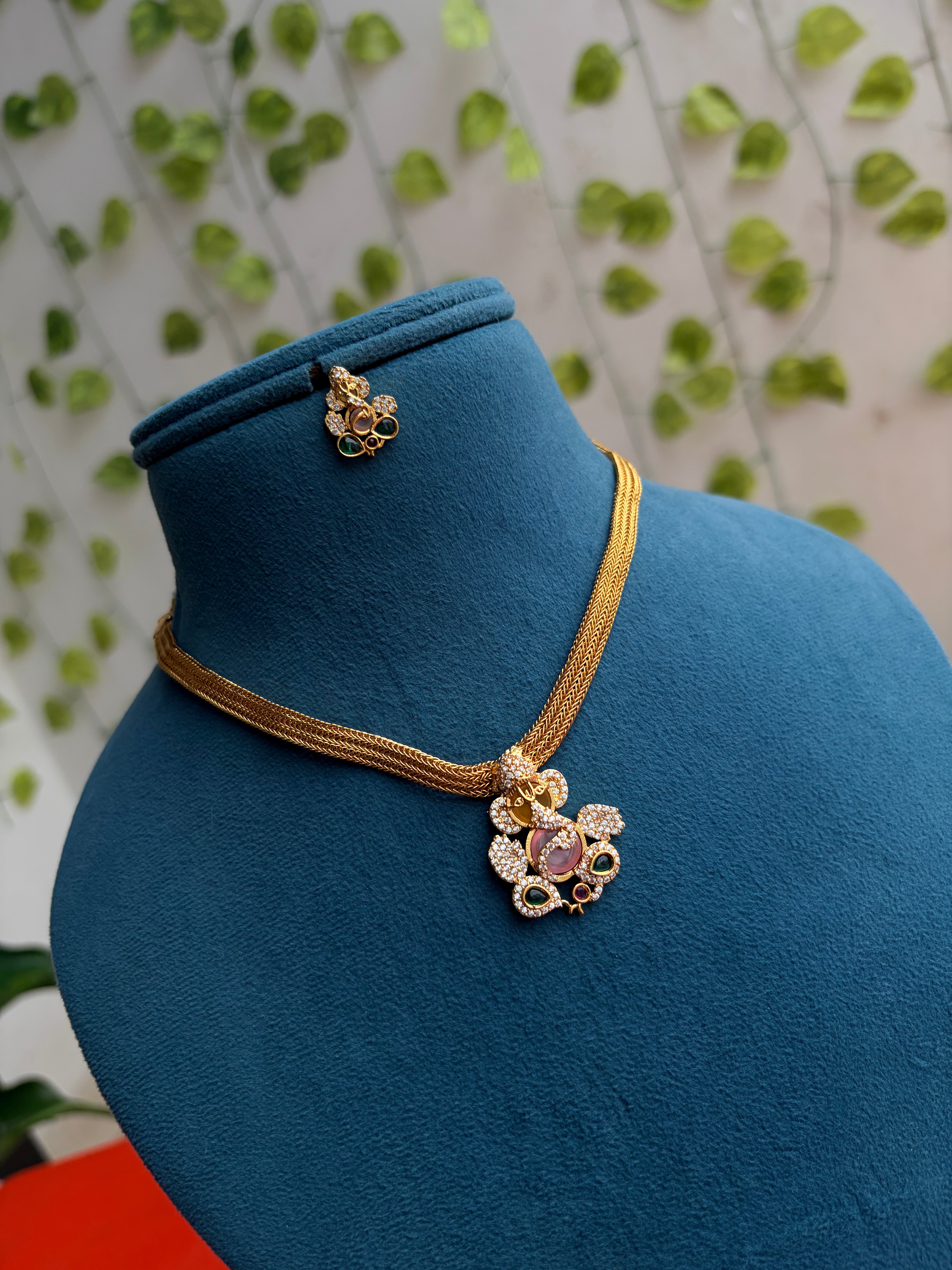 Ns269 Lord Ganesha Nano thread Short  Neckset with Multi color stones with Earrings