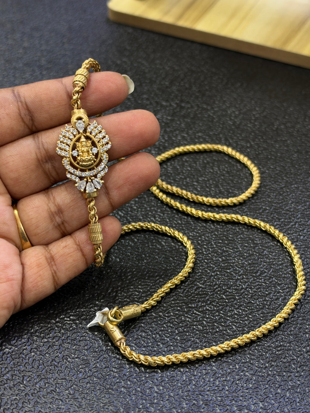 Tc641 unpolished panchaloham 24inches thali chain with side Lakshmi devi pendant