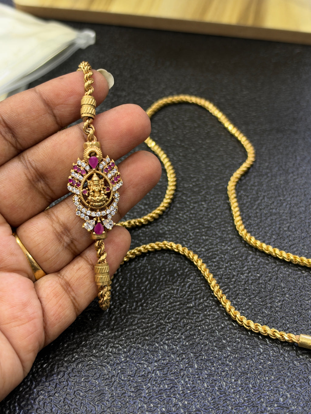 Tc641 unpolished panchaloham 24inches thali chain with side Lakshmi devi pendant