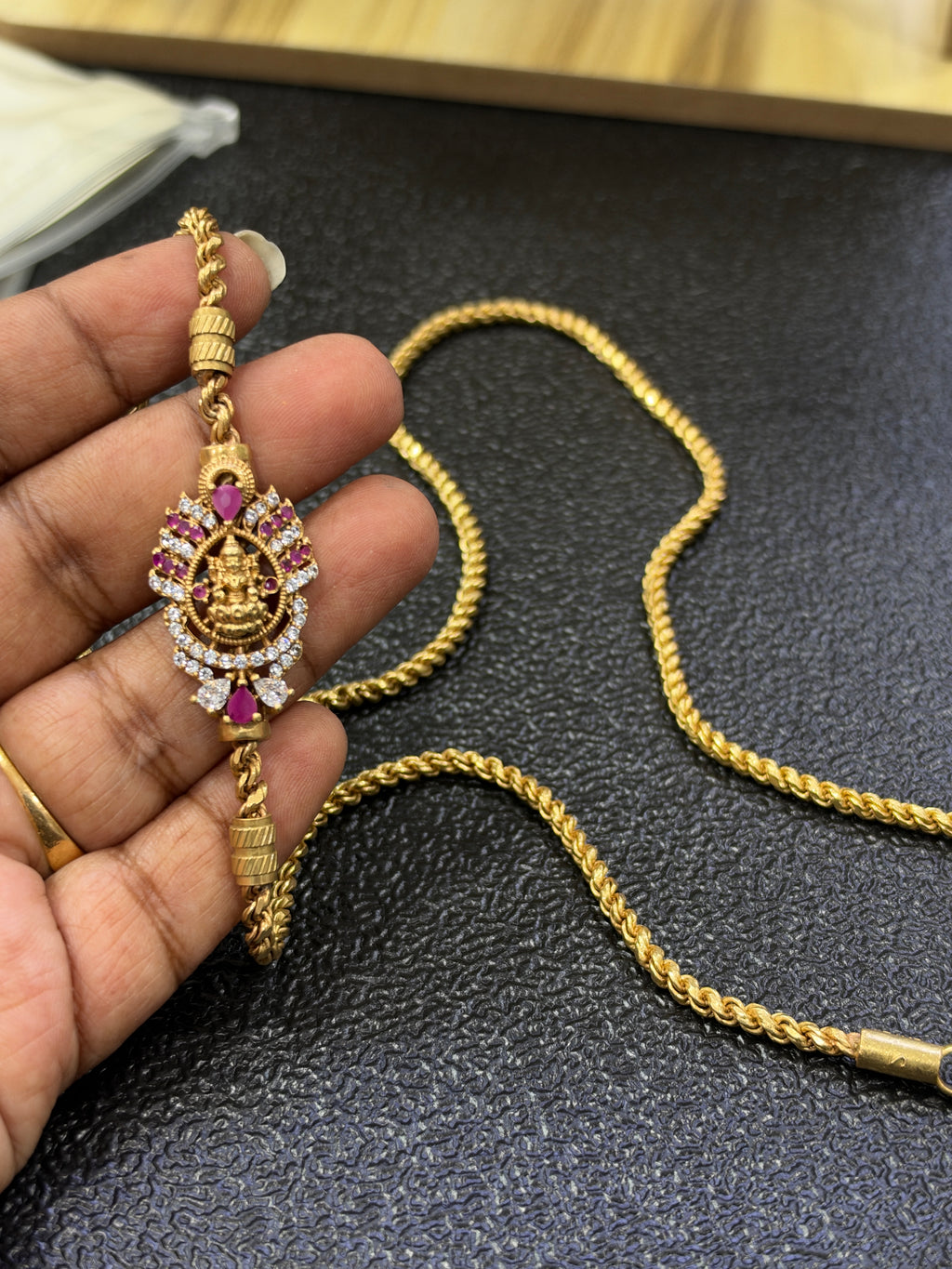 Tc641 unpolished panchaloham 24inches thali chain with side Lakshmi devi pendant