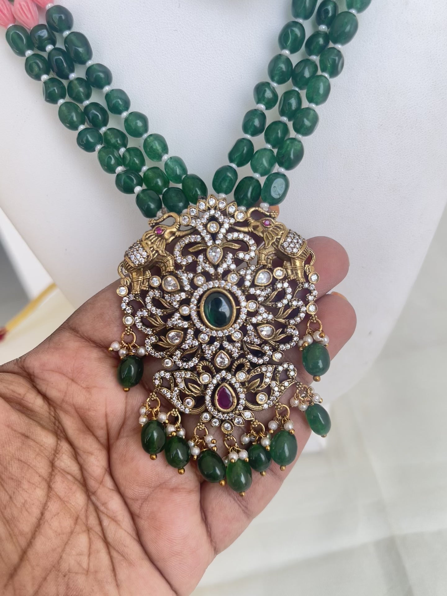Green monalisa beads with Victorian pendent
