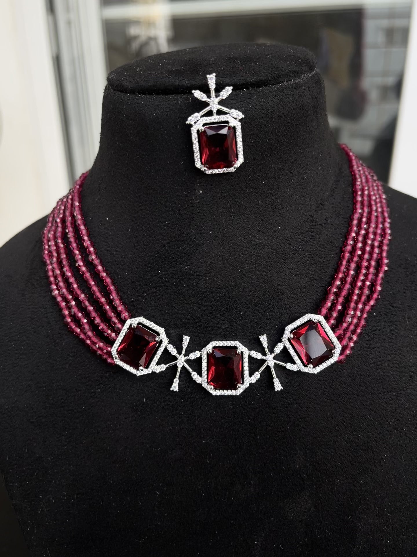 Beads Choker with Diamond Finish Pendent and Earrings pr008