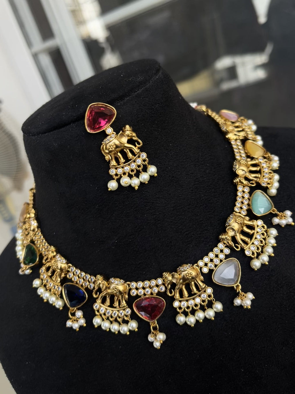 Navratan elephant choker with earrings
