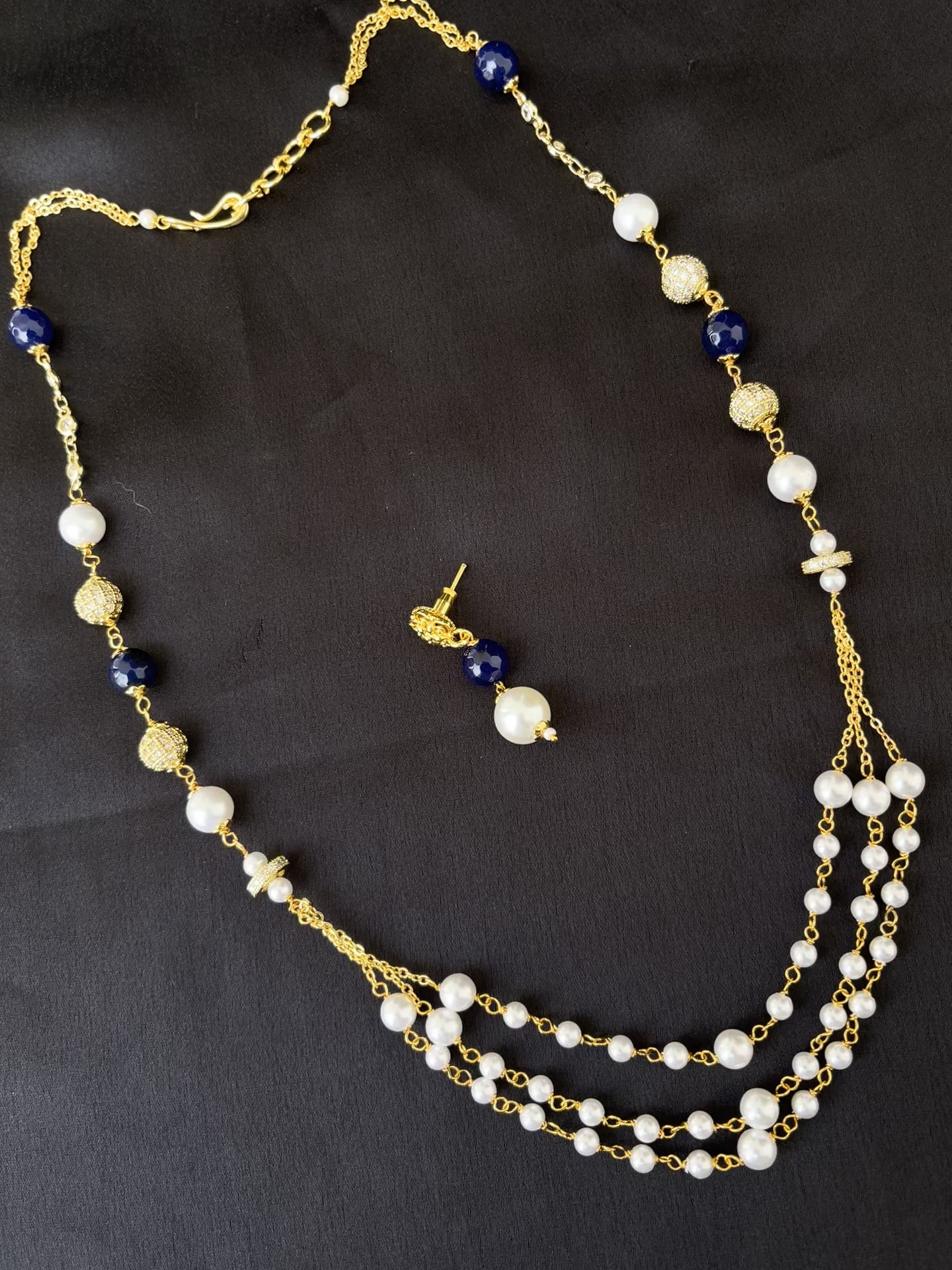 White blue 3 layers chain with earrings pr006