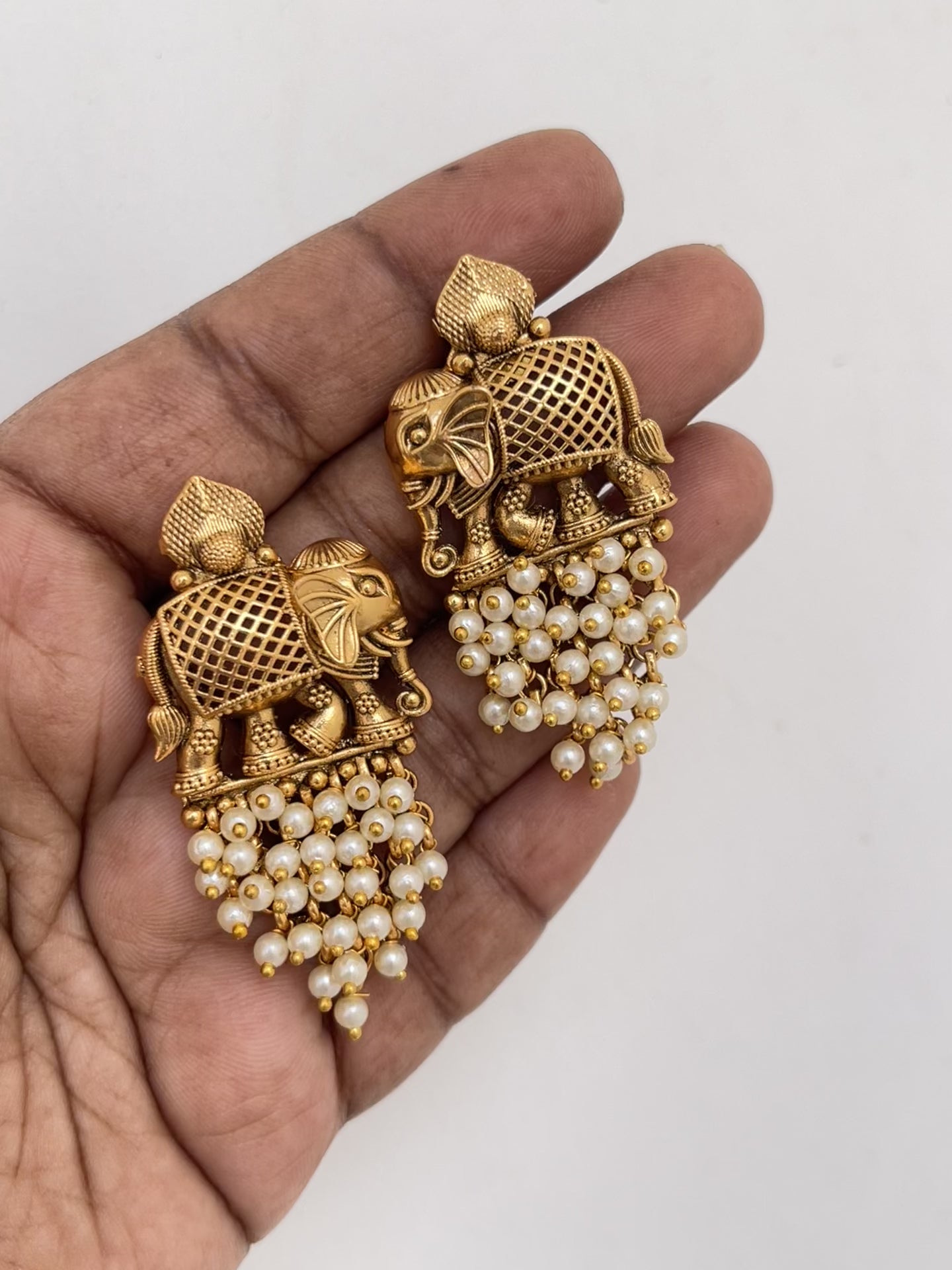 Antique finish Elephant Earrings with Pearls