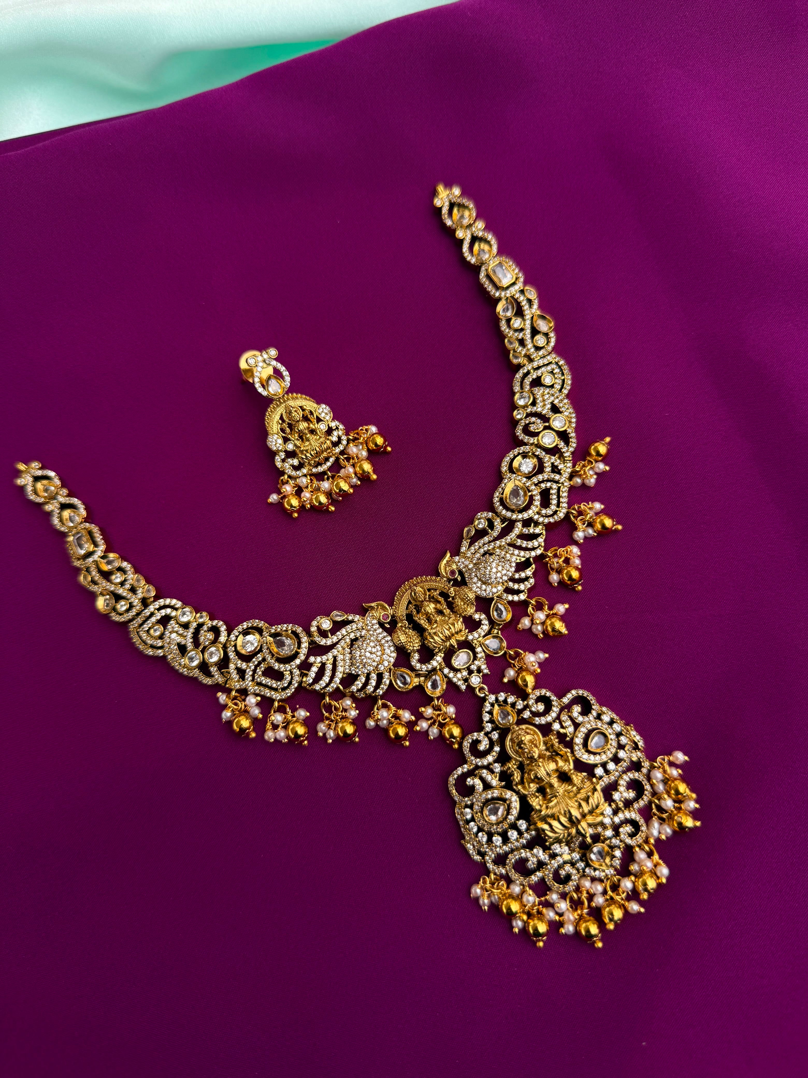 Lakshmidevi peacock stones gold balls kante neckset with earrings ns850
