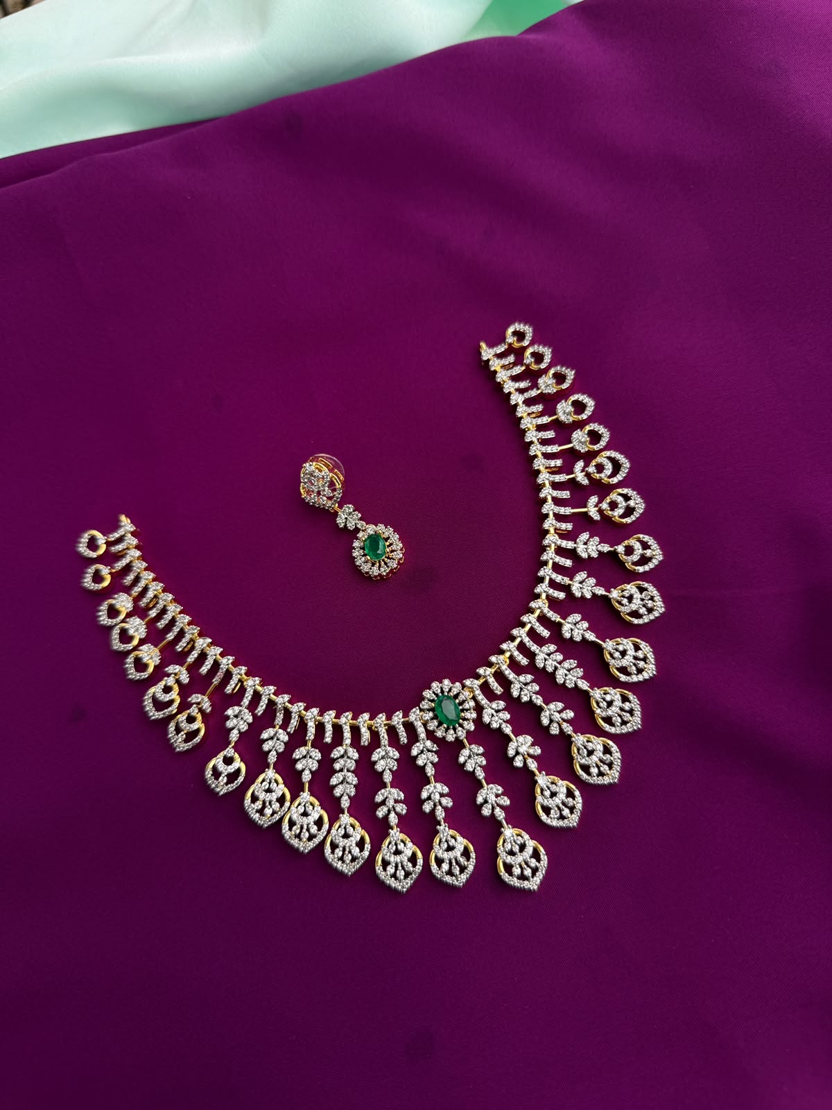Diamond leafs green pendant emerald short neckset with earrings ns844