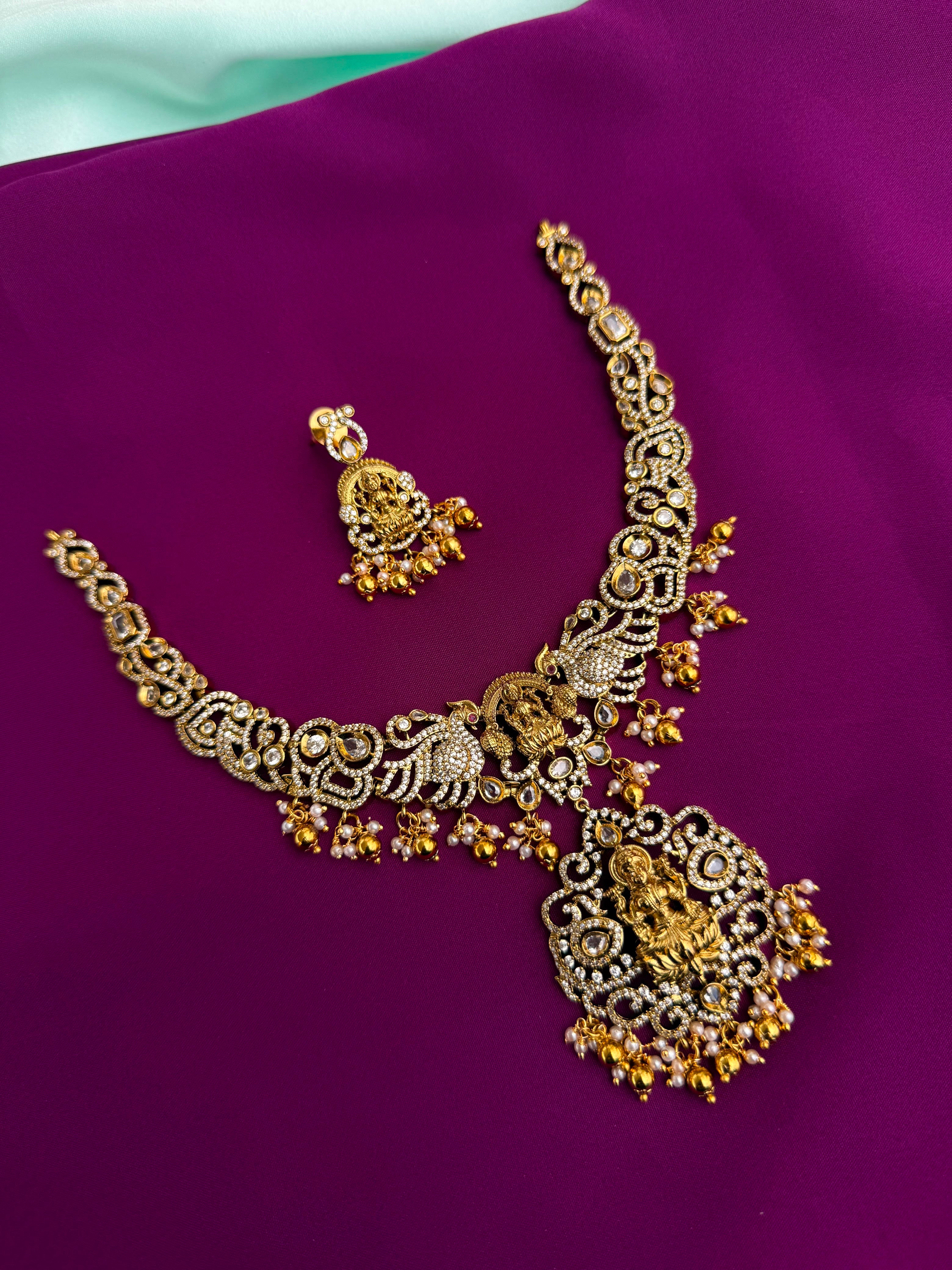Lakshmidevi peacock stones gold balls kante neckset with earrings ns850