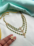White flowers green stones 3 layers short neckset with earrings