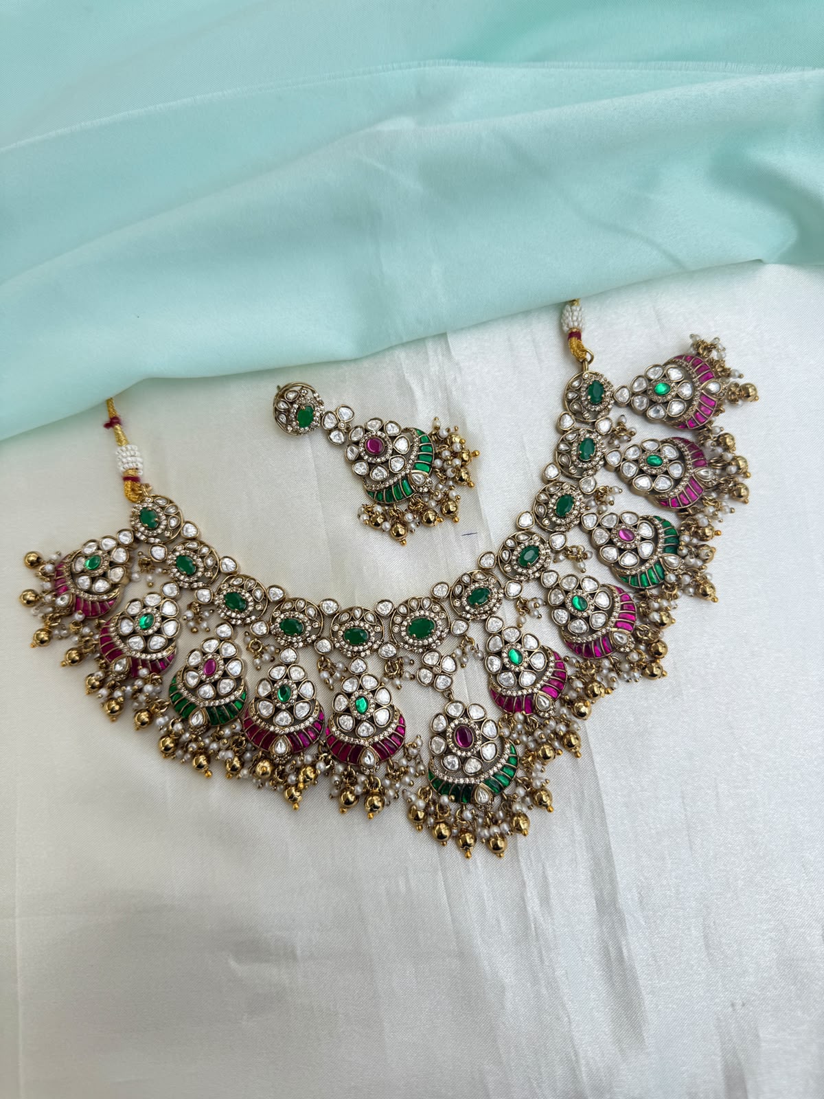 Emerald jadau kundan gold balls short neckset with earrings ns208