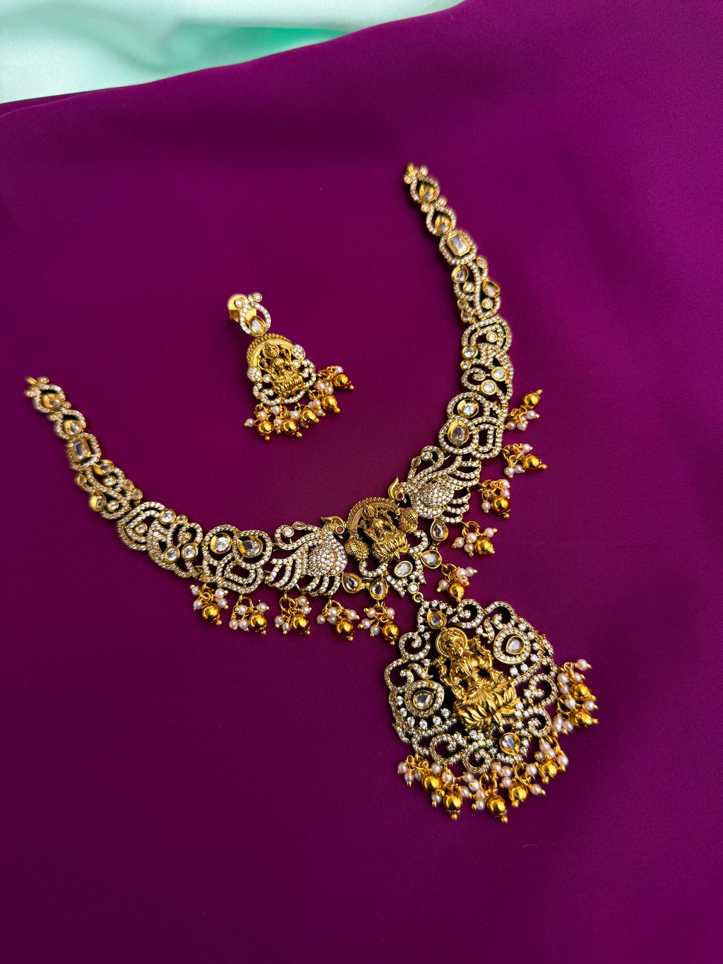 Lakshmidevi peacock stones gold balls kante neckset with earrings ns850