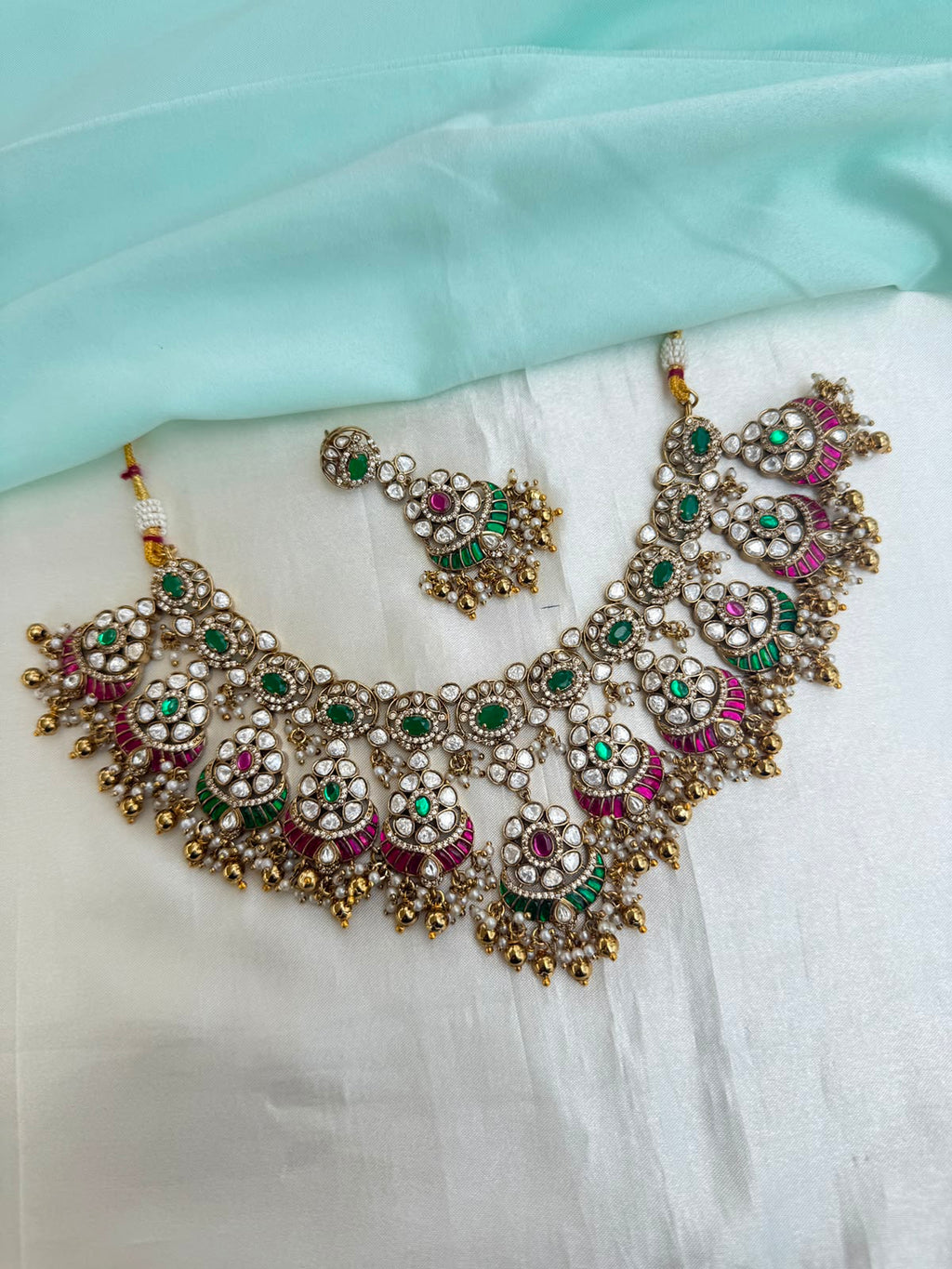 Emerald jadau kundan gold balls short neckset with earrings ns208